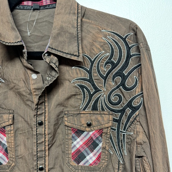2/$20   Rodeo Men's Brown Embroidered Plaid Button-Up Shirt - Picture 2 of 7